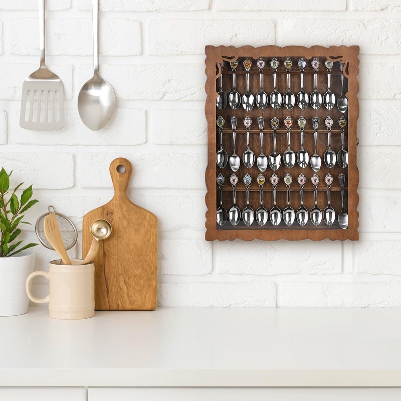 Ikee Design Wooden 30-Souvenir Spoon Display Case Cabinet, Wall-Mounted Tea Spoon Rack with Tempered Glass Suitable for Collection Display, 13.4W x 2.6D x 15.7H in - Image 2